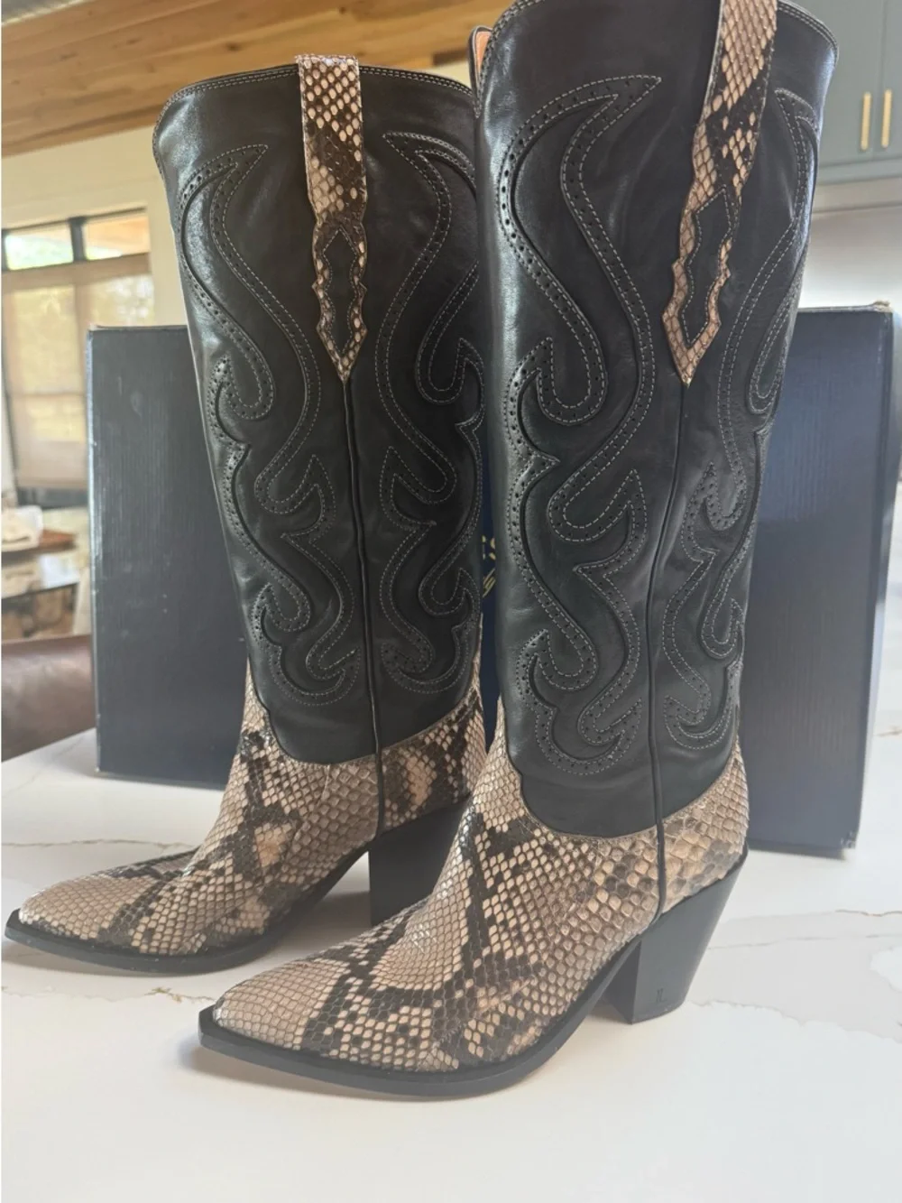 Lucchese Vittoria Black Italian Leather & Tan Python Boots - Picture 2 of 8